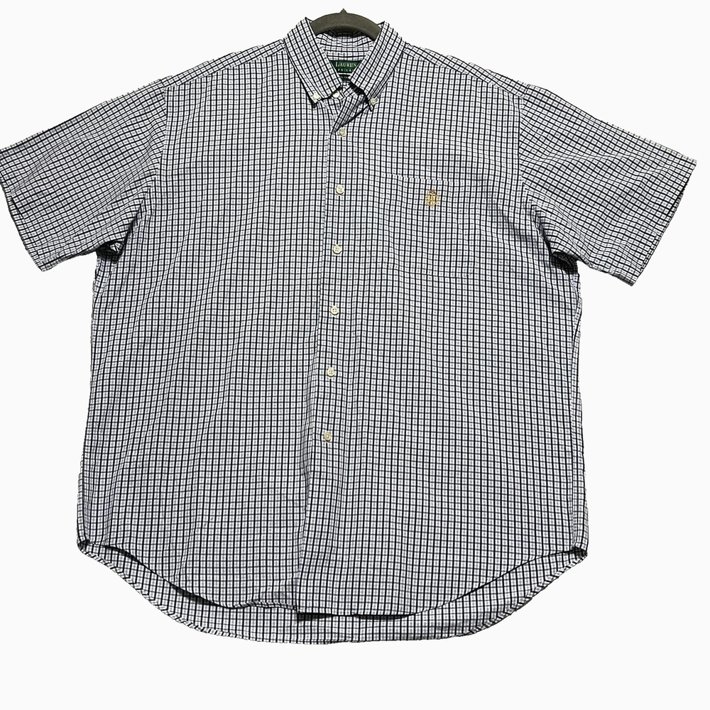 Lauren Ralph Lauren Mens L Short Sleeve Shirt Blue Check Plaid Crest Logo Cotton - Picture 3 of 7